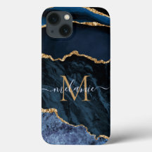 Nom du monogramme Agate Marine Blue Gold coque iph