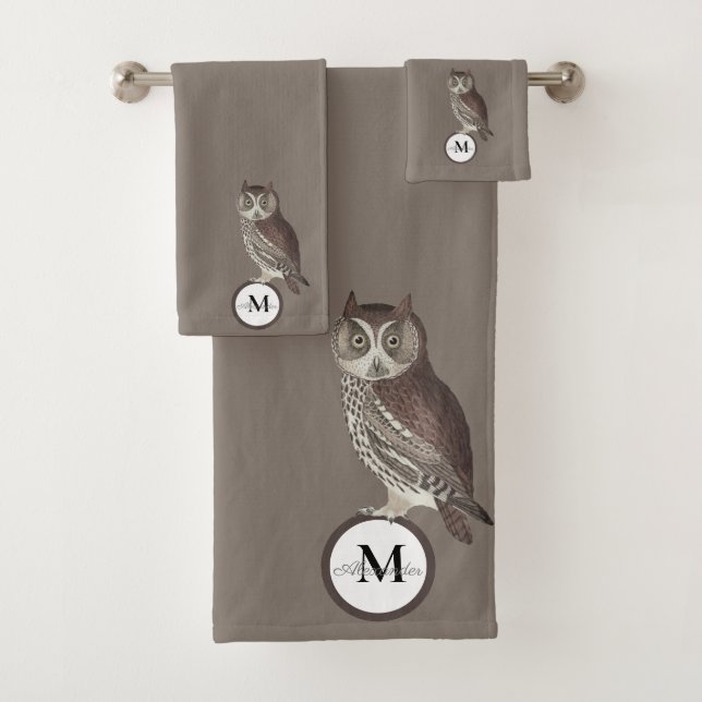 Nom du monogramme du hibou de l'aquarelle rustique (En situation)