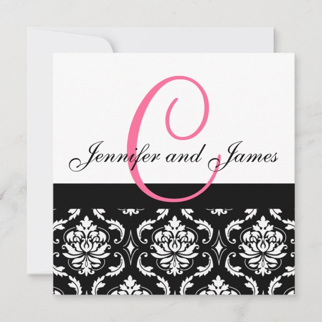 Nom du monogramme Faire-part de mariage Damas rose (Devant)