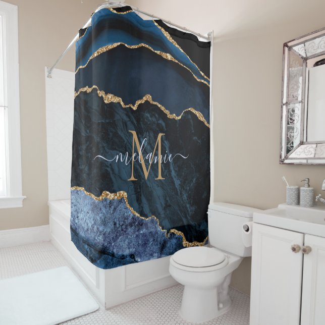 Nom du monogramme Rideau de douche en marbre bleu  (En situation)