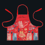 Nom du script motif de chat rouge mignon tablier<br><div class="desc">Joli motif de chat aquarelle sur l'apron de nom de script rouge. Personnalisez avec le nom.</div>
