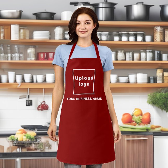 Nom et logo de l'entreprise sur le tablier en poly (Your business name and logo on red apron.)