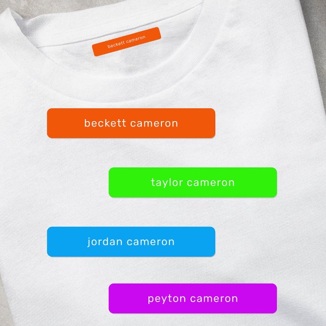 Nom Fer Sur Vêtements Lumineux Étiquettes (1.75" x .3125" clothing labels iron-on or adhesive, 2 sheets of 48 labels, USE 1 OR up to 4 NAMES)