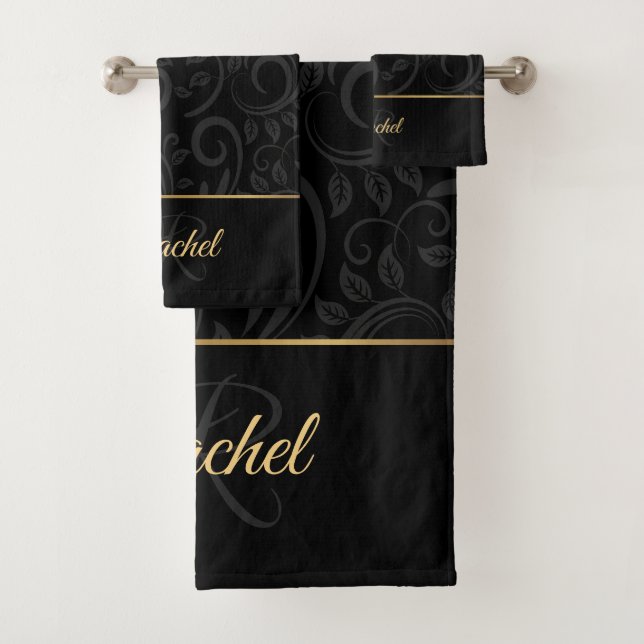 Nom floral noir et or élégant Monogramme Bain T (En situation)