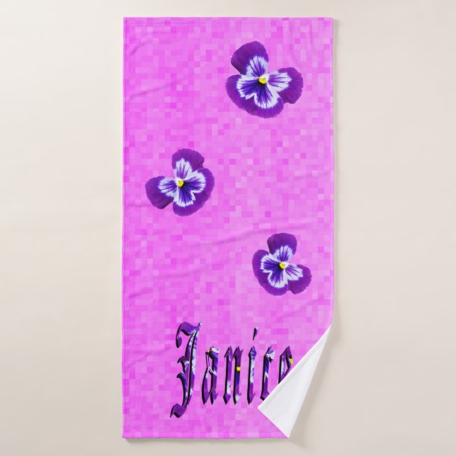 Nom Janice Avec Pansies Violettes, (Serviette de bain)