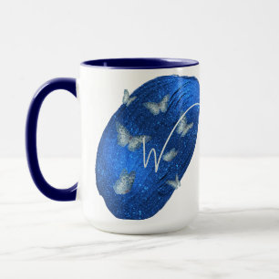 Nom Lettre W Monogram Royal Blue Butterflies Mug