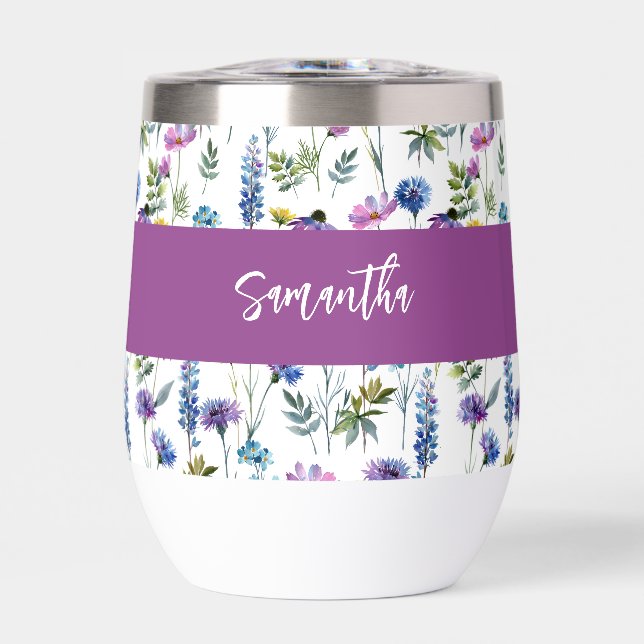Nom monogramme aquarelle fleur sauvage bleu violet (Avant)