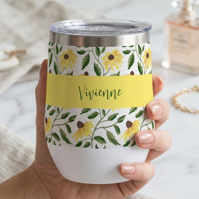 Nom monogramme aquarelle fleur sauvage jaune vert (Yellow Green Wildflower Watercolor Monogram Name Thermal Wine Tumbler)
