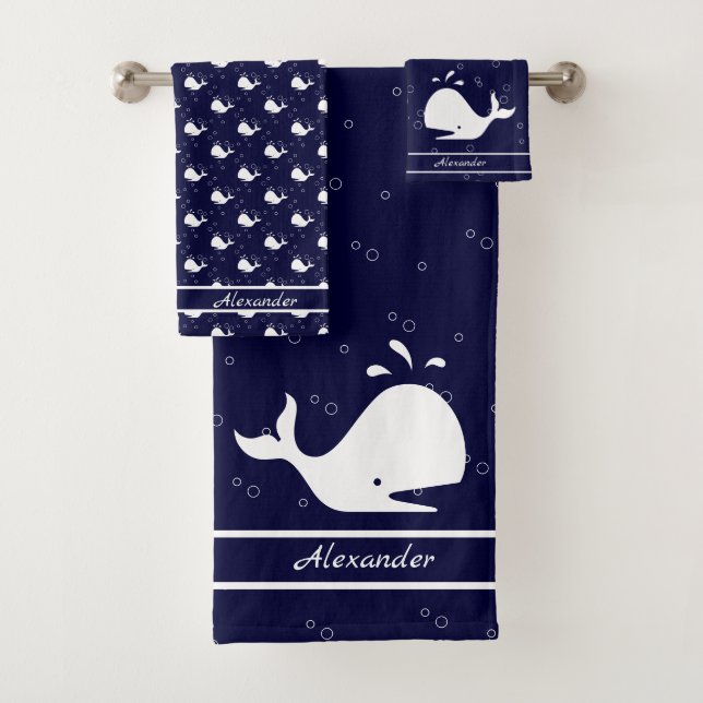 Nom monogramme Cartoon Whale Navy Bleu blanc (En situation)