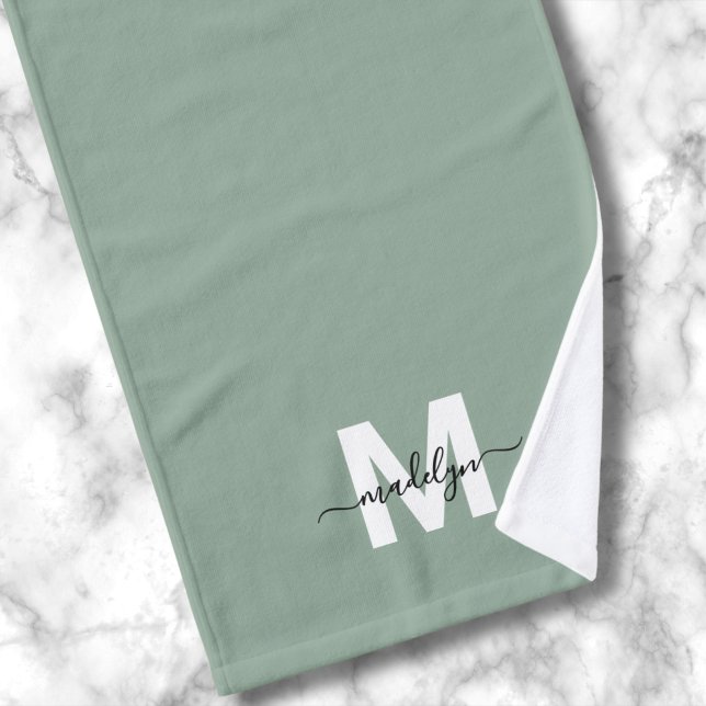 Nom Monogramme en écriture Vert Sauge (Sage Green Script Name Monogram Hand Towel )