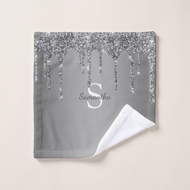 Nom Monogramme Paillettes Argentées (Gant de toilette)