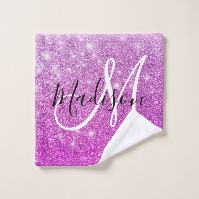 Nom Monogramme Paillettes Violet Girly & Glam (Gant de toilette)