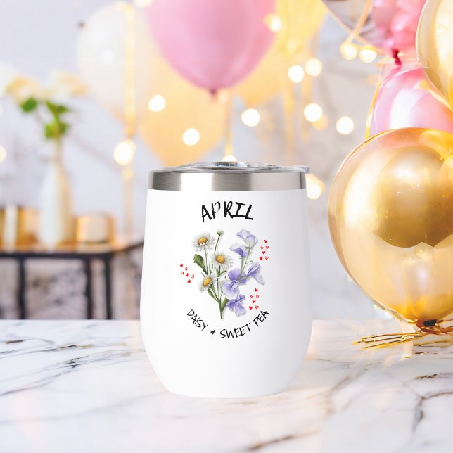 Nom personnalisé APRIL Mois de naissance Fleur Chr (Pretty APRIL birth month flower design on thermal wine tumbler with customizable name & Bible verse.)