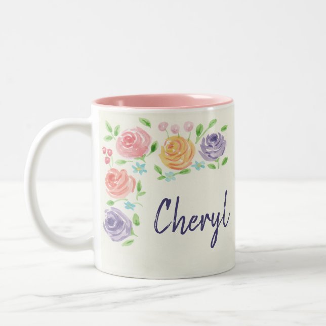 Nom personnalisé Aquarelle Fleurs Mug (Gauche)