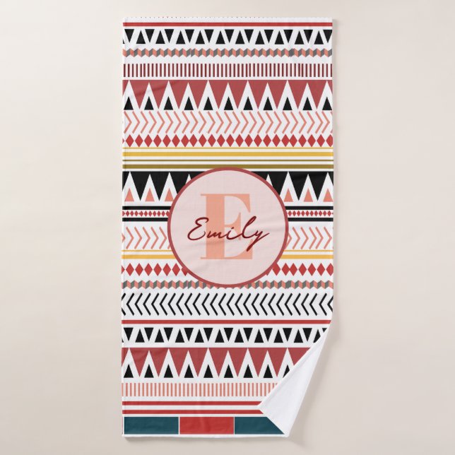Nom personnalisé Aztec Elegance Rouge chaud Motif  (Serviette de bain)