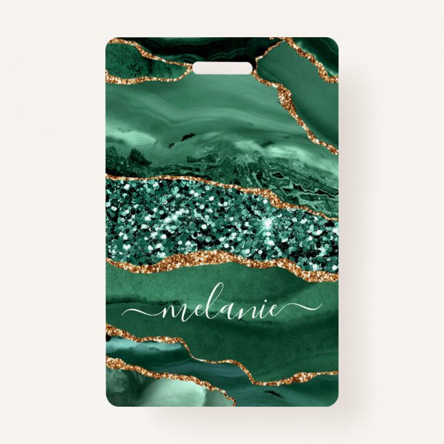 Nom personnalisé Badge Agate Green Gold Parties sc (Dos)