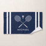 Nom personnalisé Badminton Navy Blue Stripes<br><div class="desc">Chez AdeliaGifts,  nous aimons ce Nom Personnalisé Badminton Navy Blue & White Striped Hand Towel et nous pensons que vous aimerez aussi. Le cadeau parfait ou juste vous régaler ! Nous avons une vaste sélection de produits avec la plupart des modèles disponibles pour Hommes,  Femmes et Enfants. Regarde-les !</div>