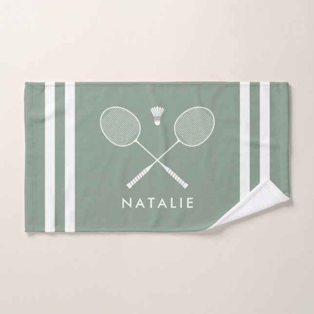 Nom personnalisé Badminton Sage Green Stripes (Serviette à main)