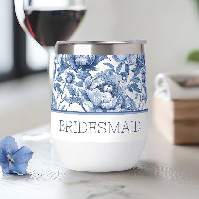 Nom personnalisé Blue Floral Bridesmaid Flower (Personalized Name Blue Floral Bridesmaid Flower Thermal Wine Tumbler)