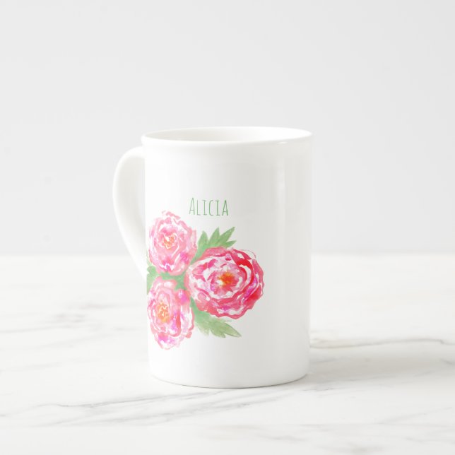 Nom personnalisé Bone China Mug Rose Aquarelle (Devant gauche)