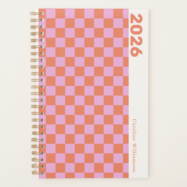 Nom personnalisé damier rose orange rétro (Devant)
