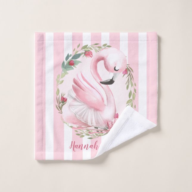 Nom personnalisé de cygne de rose d'aquarelle (Gant de toilette)