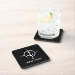Nom personnalisé Dessous de verre noir et blanc Co<br><div class="desc">Nom personnalisé Dessous de verre noir et blanc Cork Retour Compass et Ancre</div>