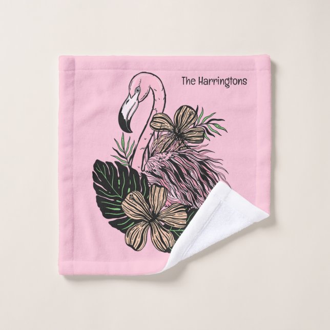 Nom personnalisé et couleur Flamant rose rose (Gant de toilette)