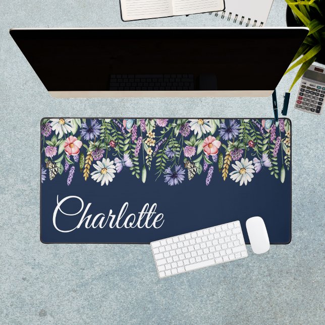 Nom personnalisé Fleur sauvage bleu marine (Personalized Name Wildflowers Navy Blue Desk Mat
)