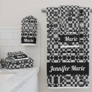 Nom personnalisé floral à carreaux noir et blanc