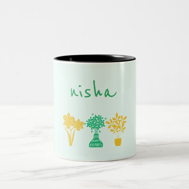 nom personnalisé floral vert et jaune mignon mug (Centre)