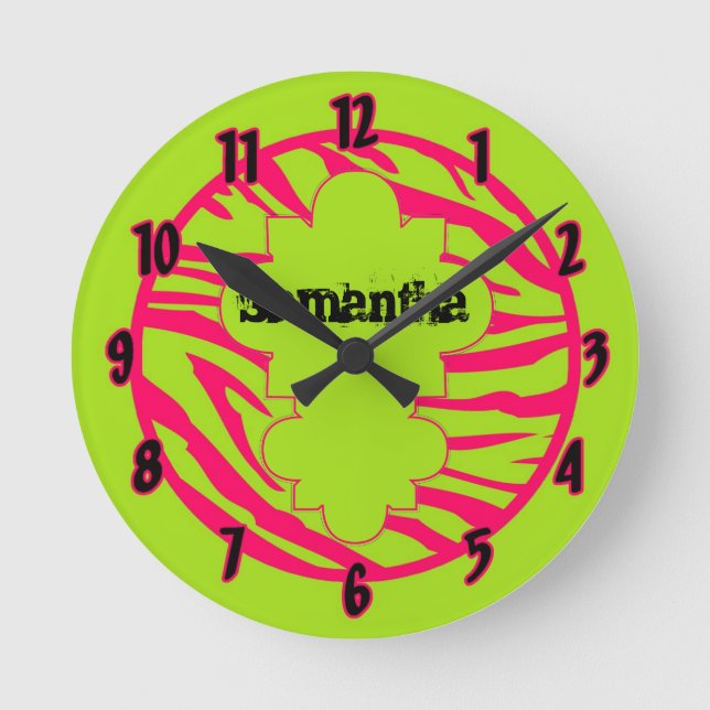 Nom personnalisé Horloge Chaud Rose Lime Zèbre Imp (Recto)