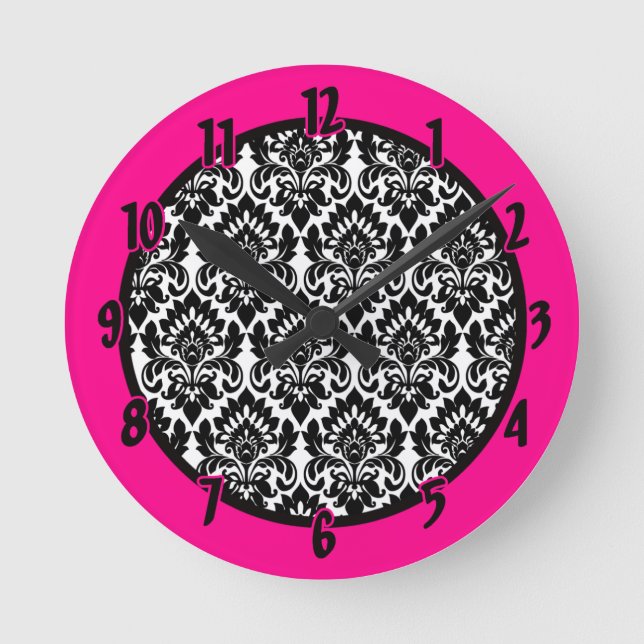 Nom personnalisé Horloge noire "Hot rose" Damask (Recto)