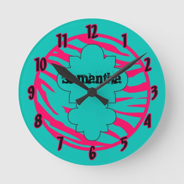 Nom personnalisé Horloge rose Turquoise chaud Zèbr (Recto)