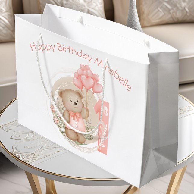 Nom personnalisé mignon 1er Anniversaire Sac cadea (Cute Personalized Name 1st Birthday Girl Gift Bag)