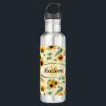 Nom personnalisé Monogramme Bouteille de tournesol<br><div class="desc">Nom personnalisable et bouteille d'eau monogramme avec une empreinte de tournesols de jardin peints,  peigne de miel,  abeilles,  couleurs jaune et vert.</div>
