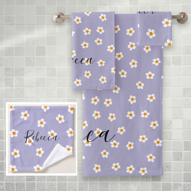 Nom personnalisé Motif de marguerite moderne migno (Personalized Name Cute Modern Daisy Pattern Purple Bath Towel Set)