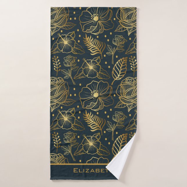 Nom personnalisé motif floral doré (Serviette de bain)