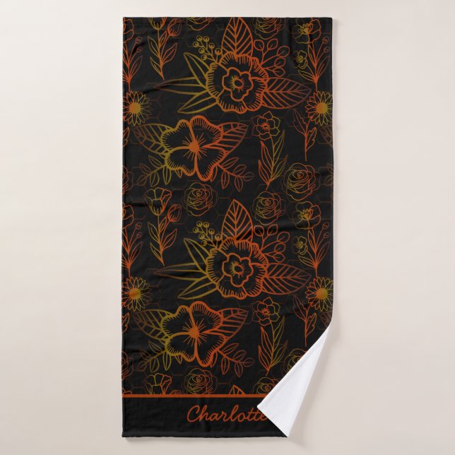 Nom personnalisé motif floral orange (Serviette de bain)