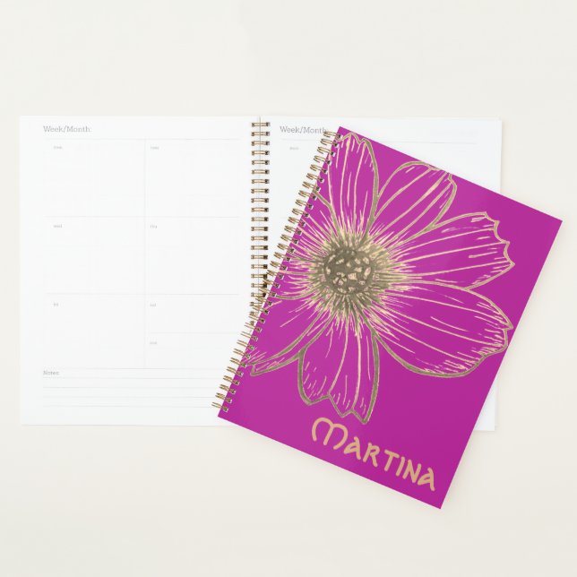 Nom personnalisé Pink/ Gold Flower design Planner (Devant avec enveloppe)
