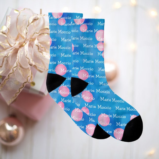 Nom personnalisé Pink Polka Dot Bubbles Bleu (Blue Birthday Socks)