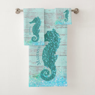 nom personnalisé seahorse bois turquoise rustique