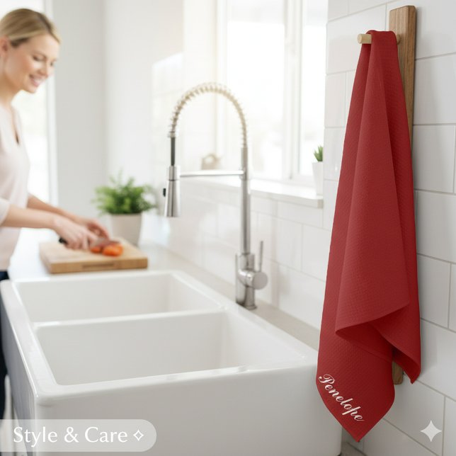 Nom personnalisé serviette de Noël rouge profond (Personalized Name Deep Christmas Red Kitchen Towel)