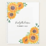 Nom personnalisé Sunflower jaune<br><div class="desc">Les tournesols apportent de la joie !
Ce joli Planner est décoré de tournesol aquarelle et de feuillage vert sur un arrière - plan blanc.
Vous pouvez le personnaliser en ajoutant votre nom et en changeant l'année.
Aquarelle originale © Michele Davies.</div>