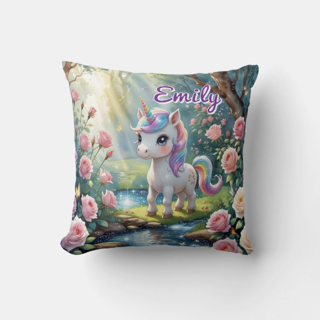 Nom personnalisé Unicorn Carré Coussin - Forêt Ros (Recto)
