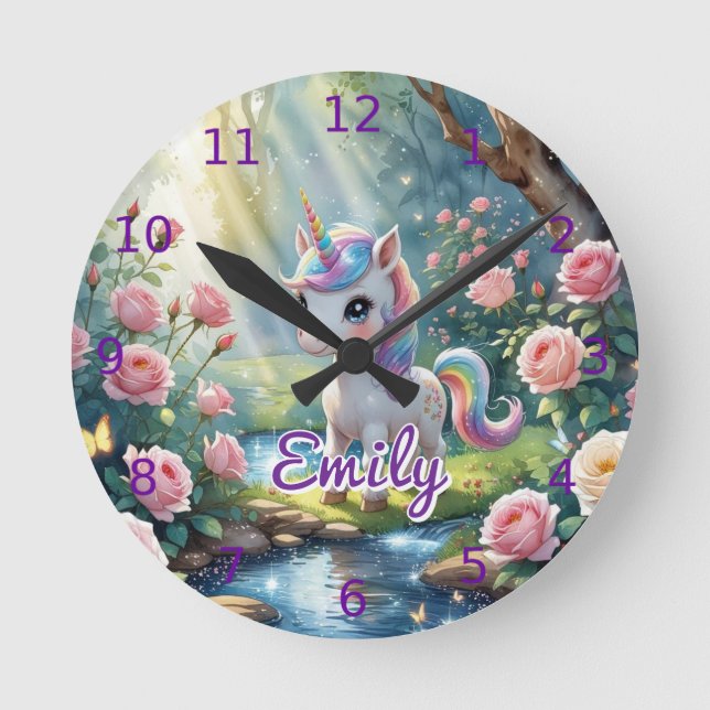 Nom personnalisé Unicorne Horloge murale - Rose Ro (Recto)