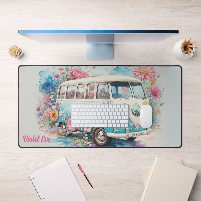 Nom personnalisé Watercolor Retro Bus Flowers (Bureau 1)