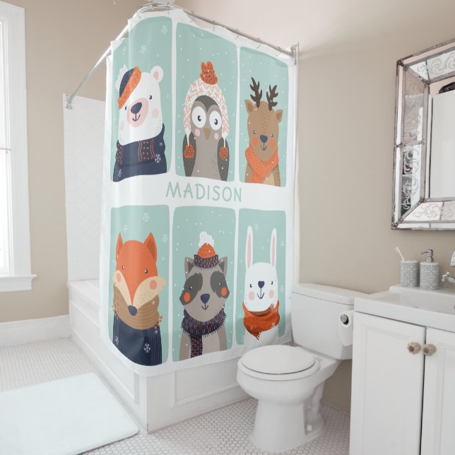 Nom personnalisé Winter Animaux rideau de douche (En situation)