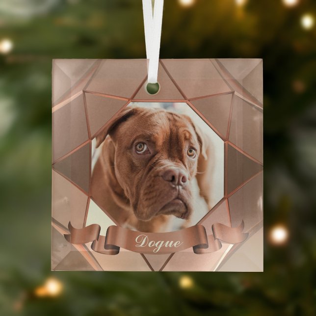 Nom photo du chien Ornement en verre géométrique (Just upload a photo of your pup and add their name to this copper colored glass ornament)