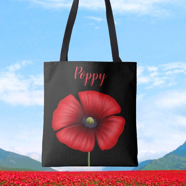 Nom Red Poppy Nom Black Floral Sac fourre-tout (A pretty poppy tote bag for you to pop your name on)